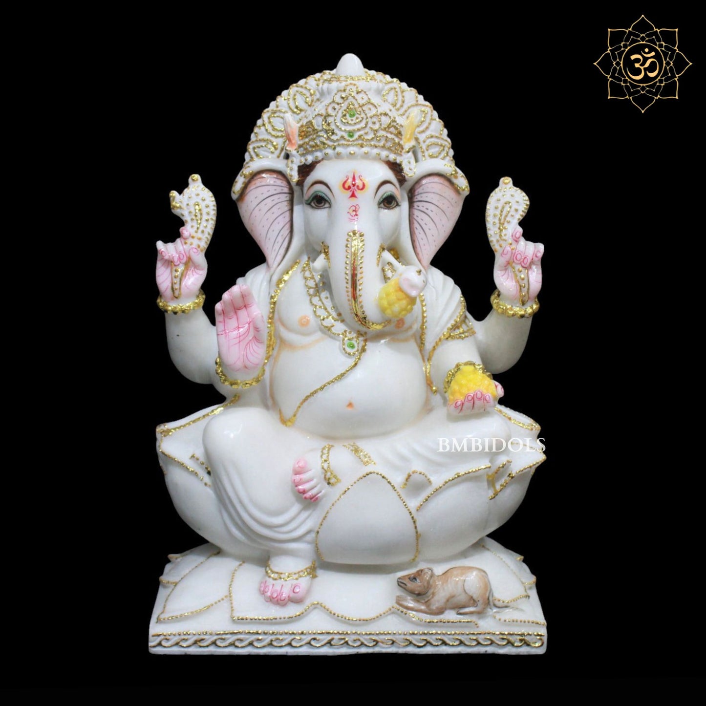 15inch Marble Ganesh Murti sitting on Lotus in Makrana Marble