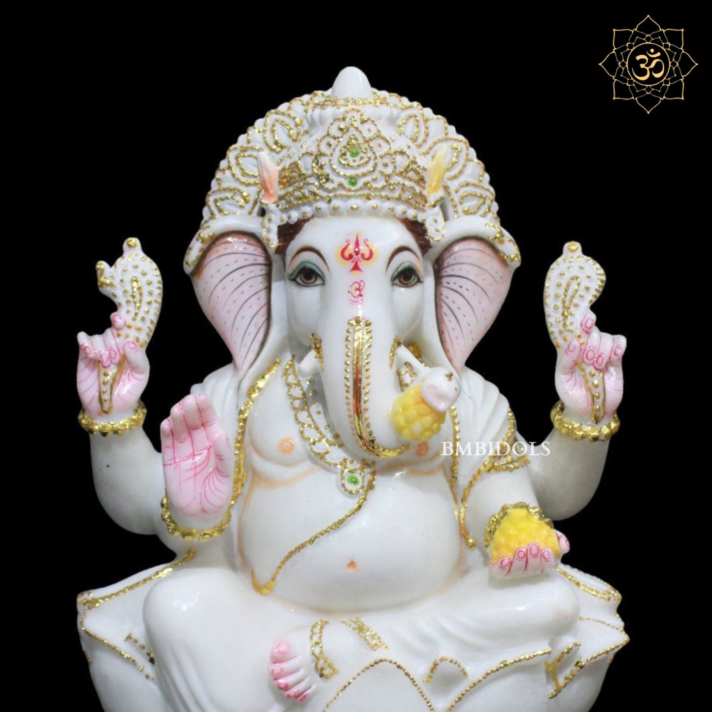 15inch Marble Ganesh Murti sitting on Lotus in Makrana Marble