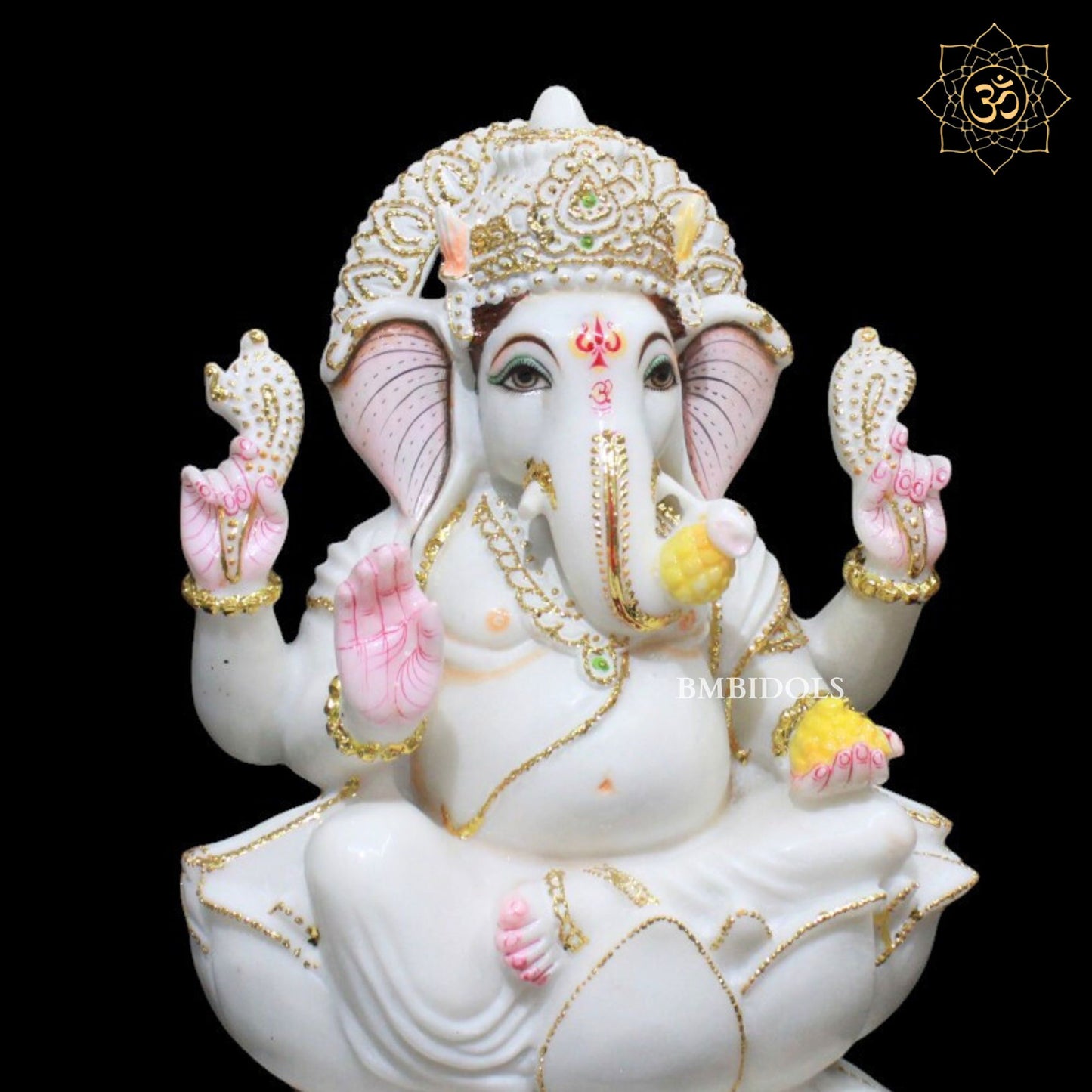 15inch Marble Ganesh Murti sitting on Lotus in Makrana Marble