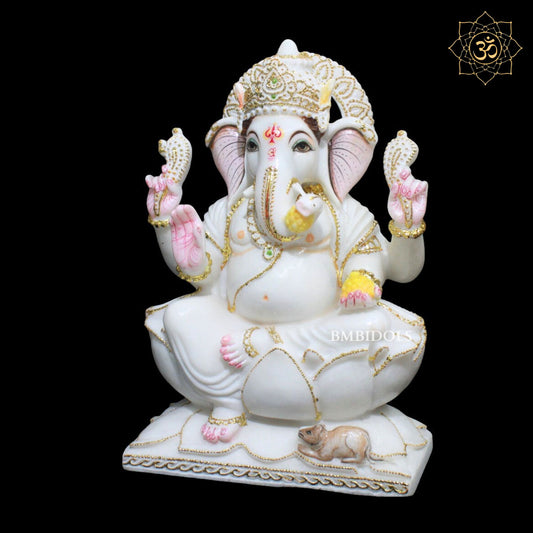 15inch Marble Ganesh Murti sitting on Lotus in Makrana Marble