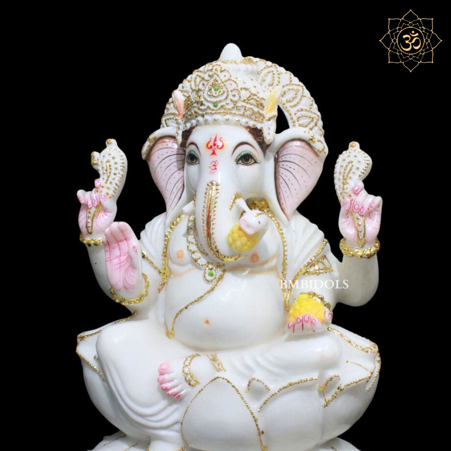 15inch Marble Ganesh Murti sitting on Lotus in Makrana Marble