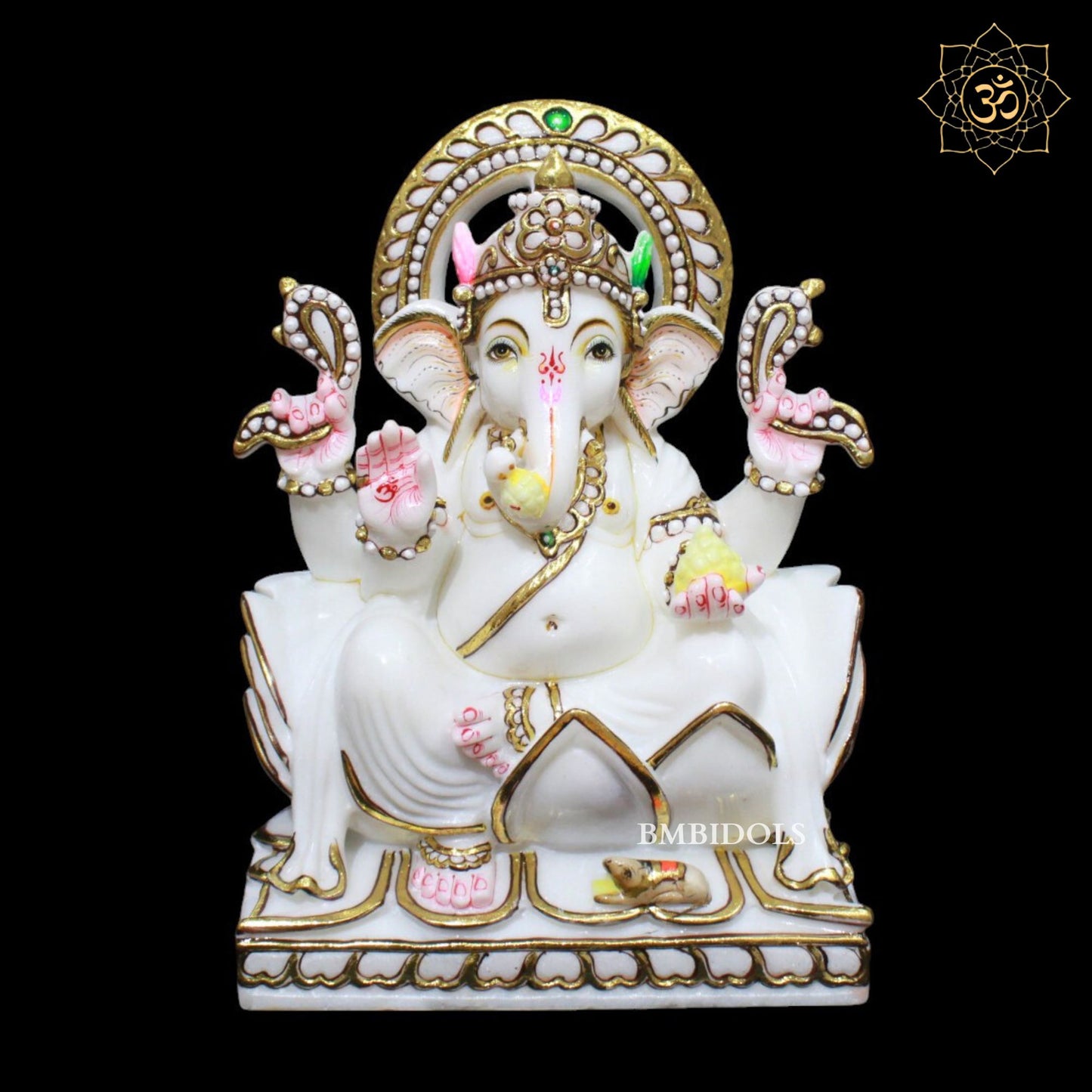 White Marble Ganesh Murti in Goldwork in 12inch in Makrana Marble