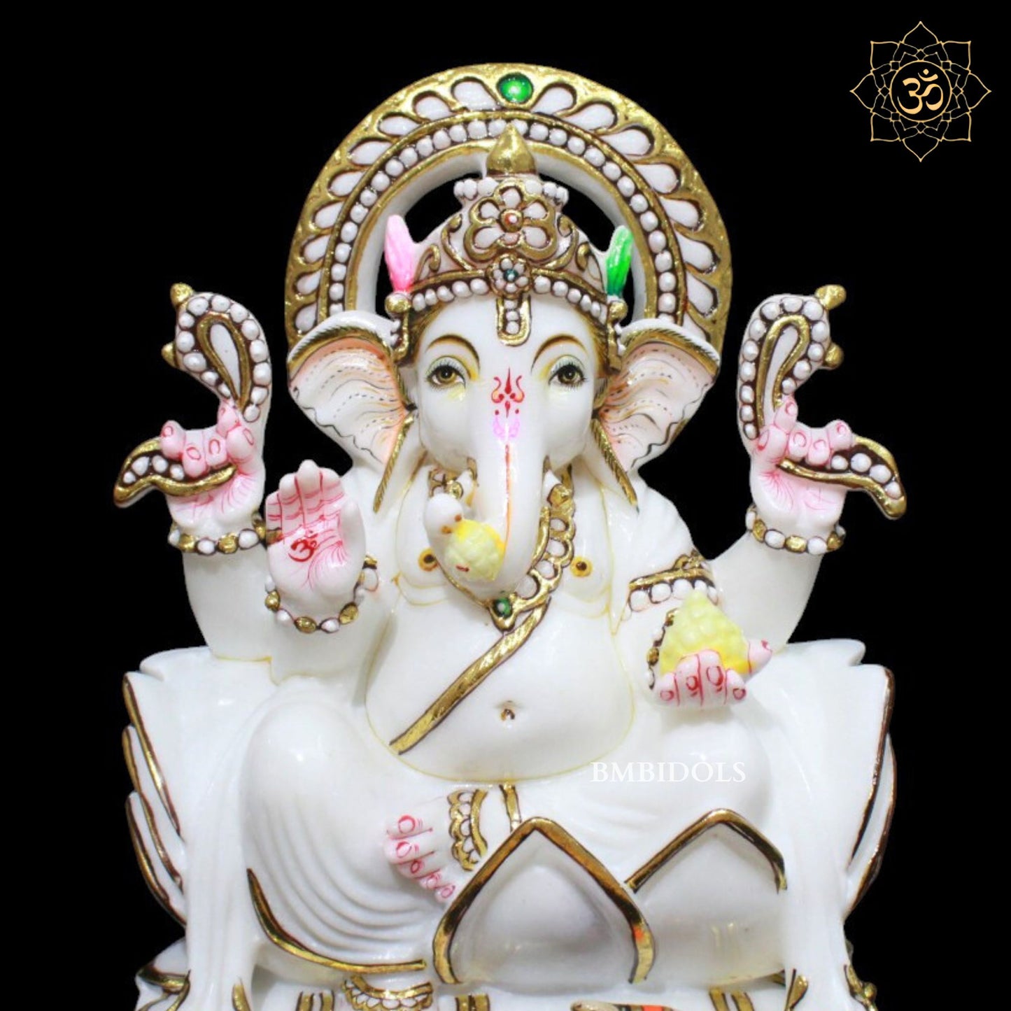 White Marble Ganesh Murti in Goldwork in 12inch in Makrana Marble