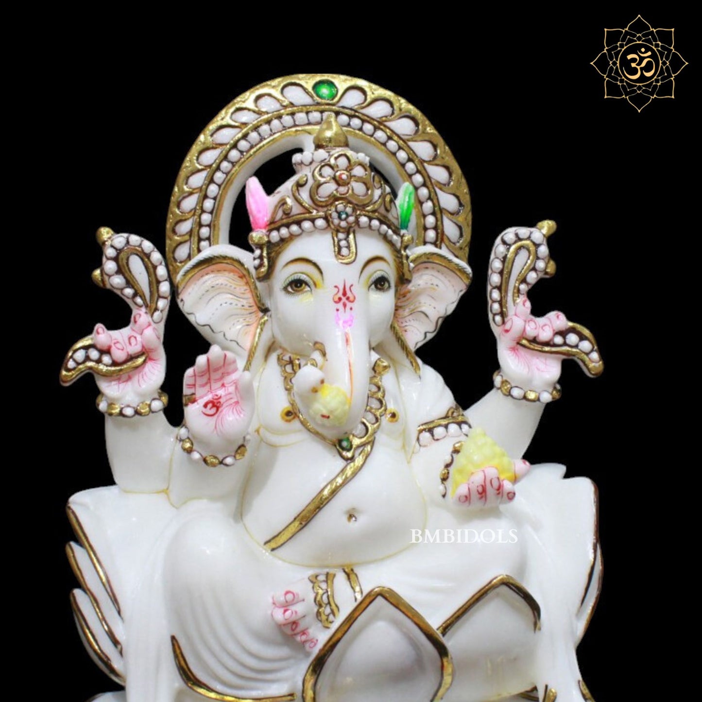 White Marble Ganesh Murti in Goldwork in 12inch in Makrana Marble