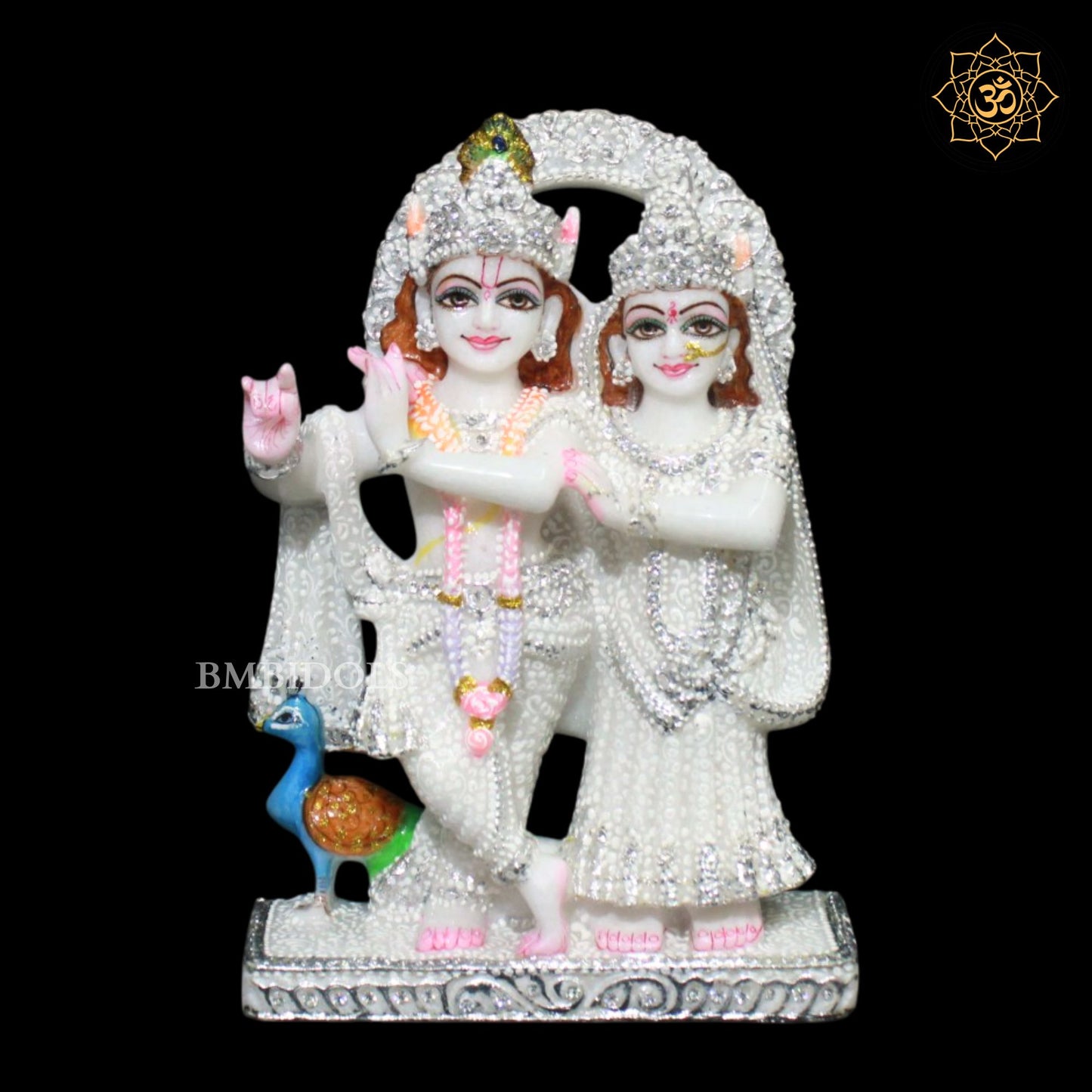 Jugal Radha Krishna Marble Murti in 9inches in Silver Diamond Work