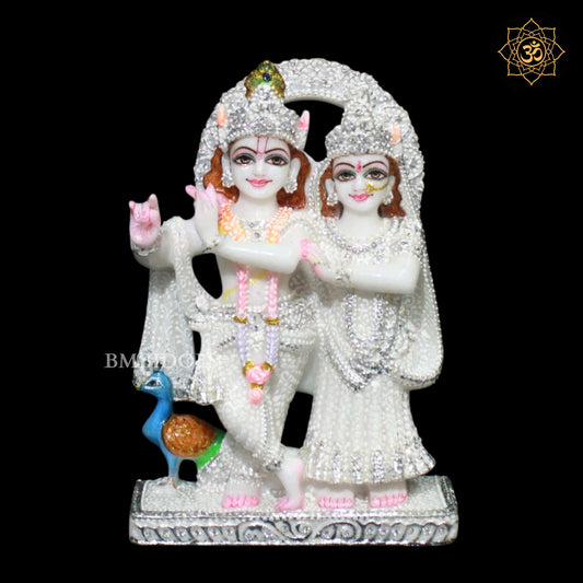 Jugal Radha Krishna Marble Murti in 9inches in Silver Diamond Work