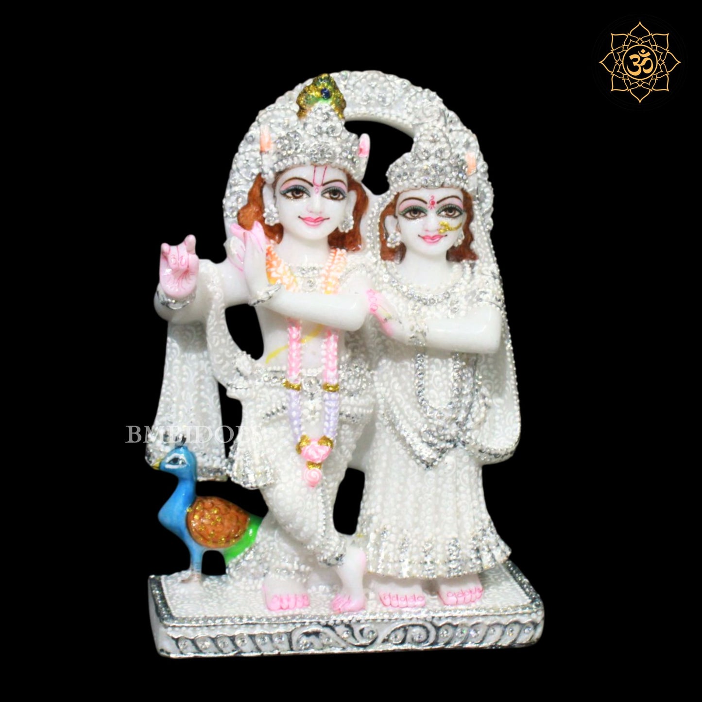 Jugal Radha Krishna Marble Murti in 9inches in Silver Diamond Work