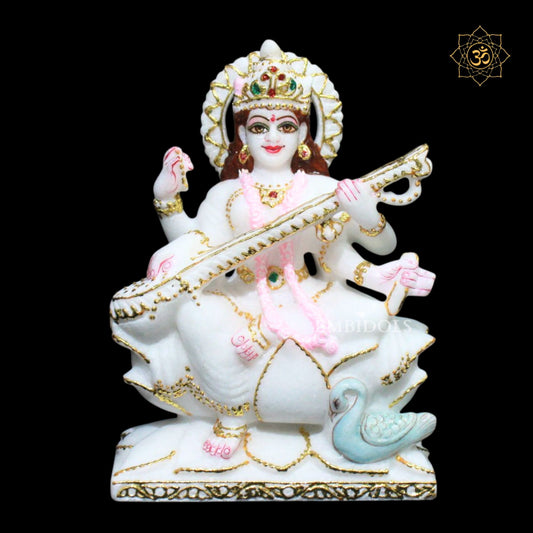 Marble Saraswati Maa Murti in 9inches for Ghar Mandirs
