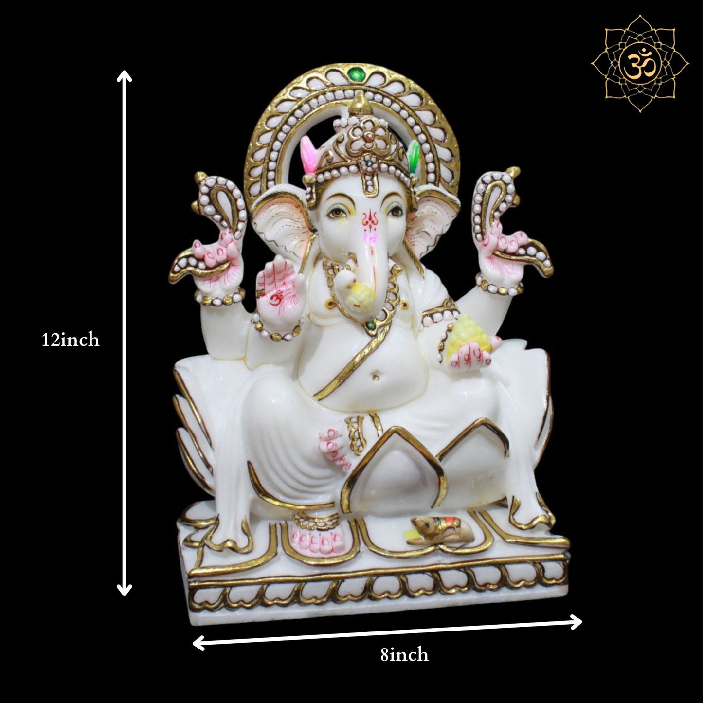 White Marble Ganesh Murti in Goldwork in 12inch in Makrana Marble