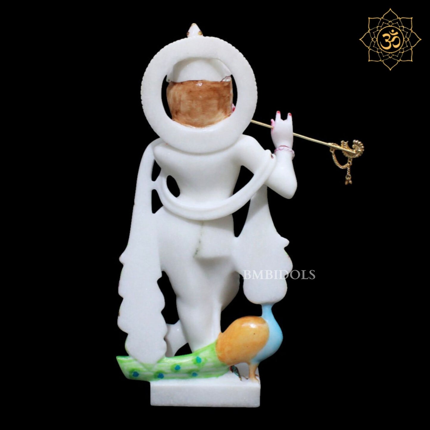 Radha Krishna Marble Murti in Diamond and Cut Gold Work with Peacock