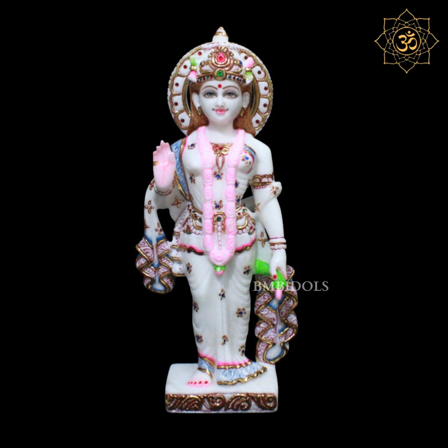 Radha Krishna Marble Murti in Diamond and Cut Gold Work with Peacock
