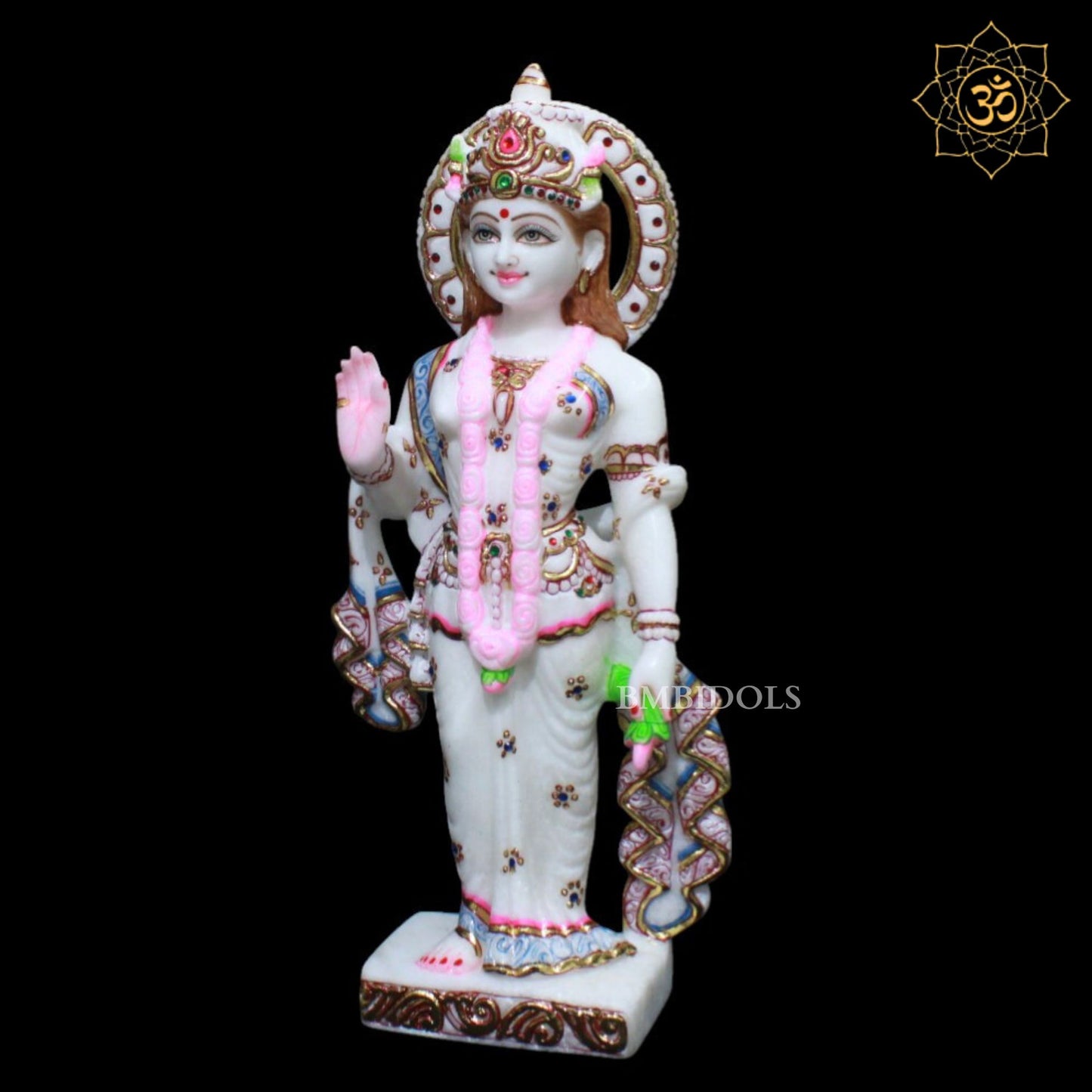 Radha Krishna Marble Murti in Diamond and Cut Gold Work with Peacock
