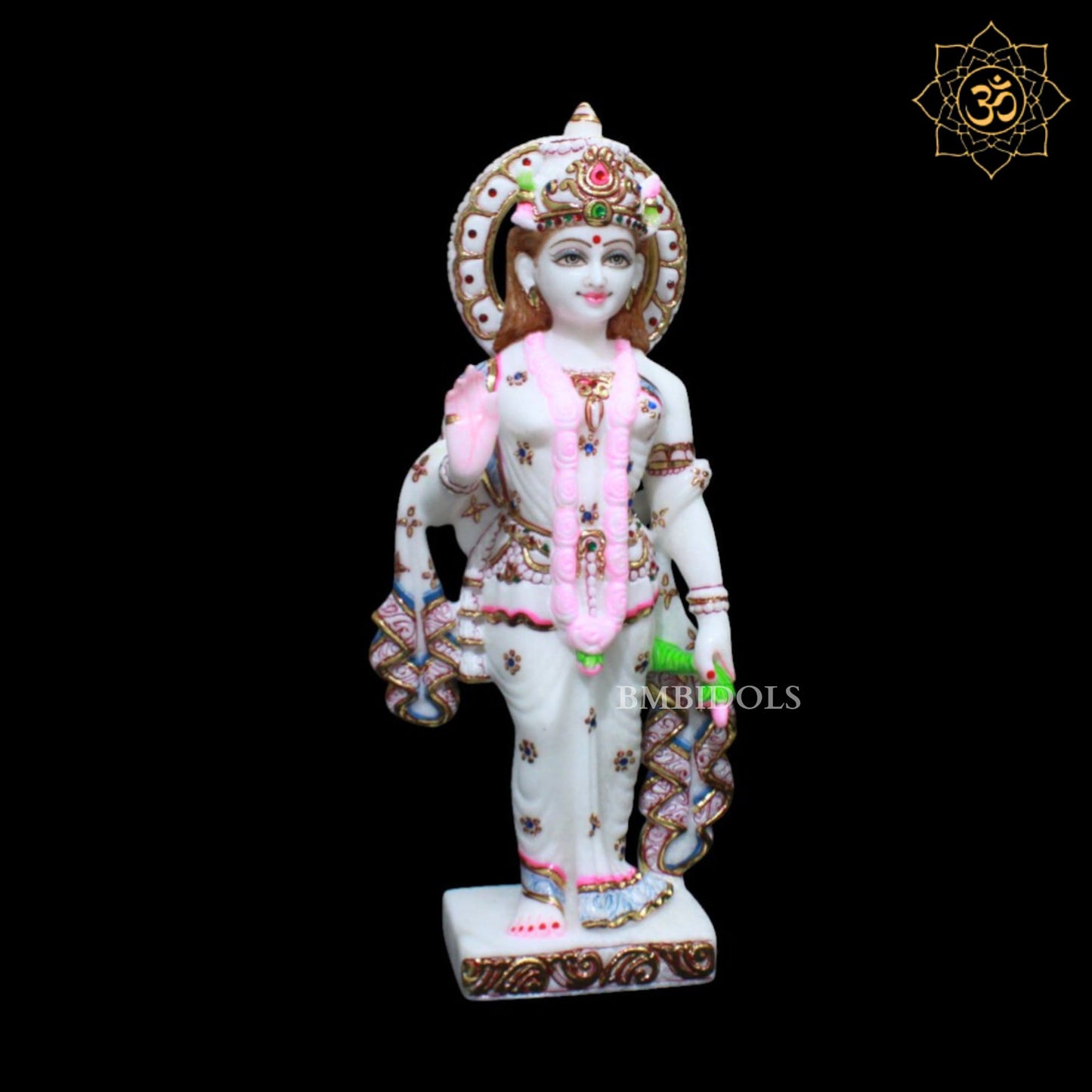 Radha Krishna Marble Murti in Diamond and Cut Gold Work with Peacock