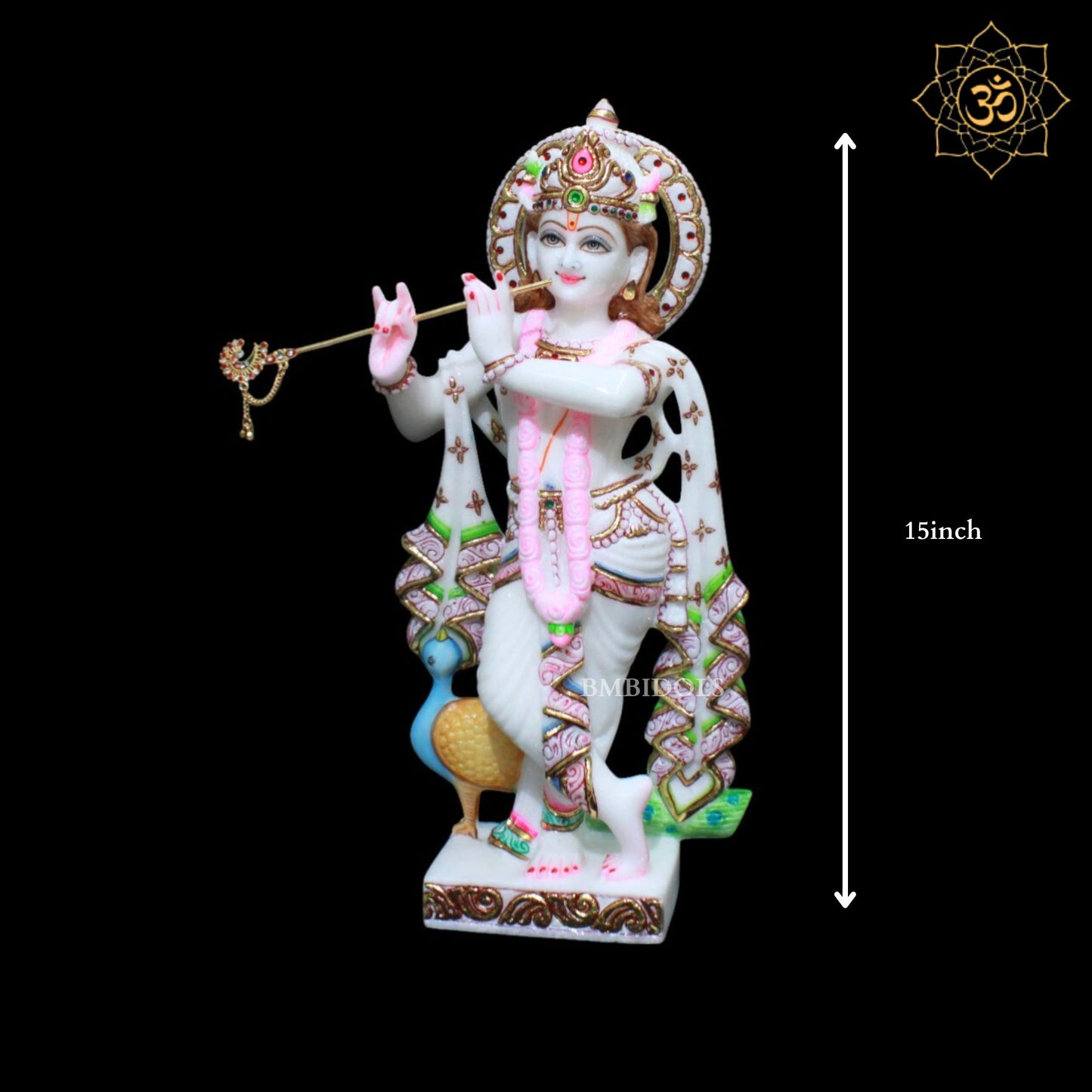 Radha Krishna Marble Murti in Diamond and Cut Gold Work with Peacock