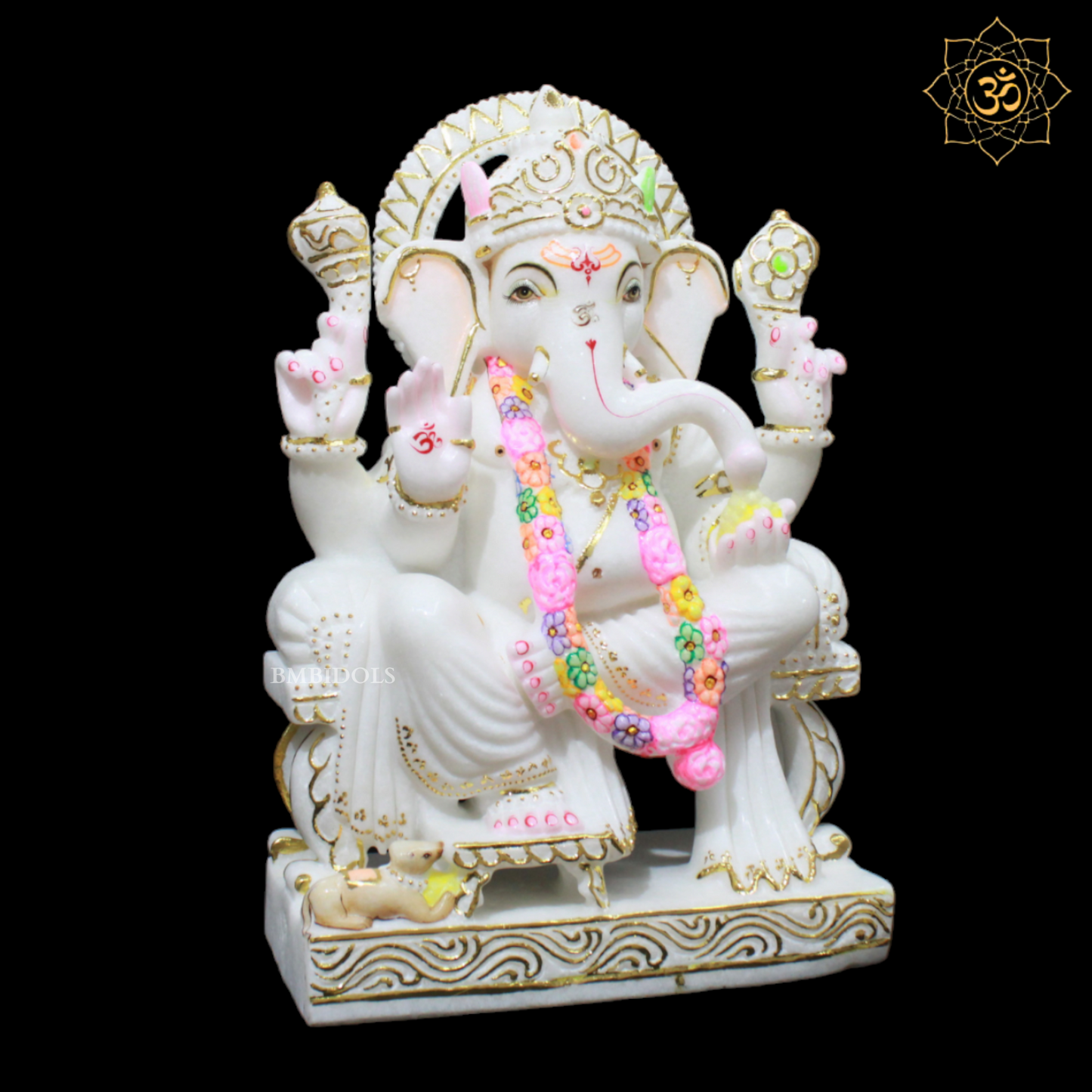 White Marble Ganesha Murti in Gold in Left side Trunk