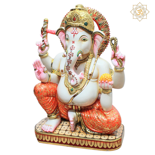 Gold Work Marble Ganesha Statue for Homes and Temples in 1.5feet