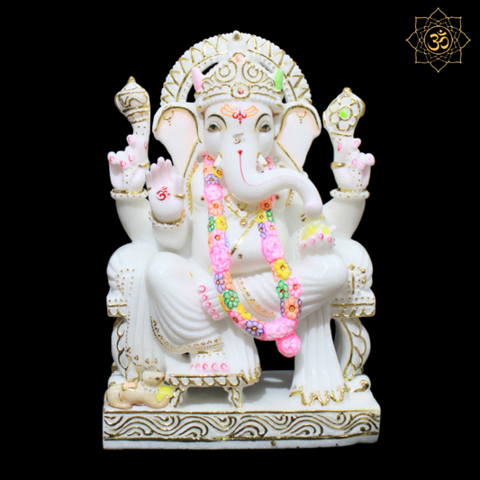 White Marble Ganesha Murti in Gold in Left side Trunk