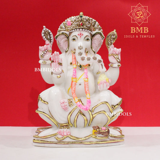 Marble Ganesh Idol in Makrana Marble in 12inches sitting on Lotus