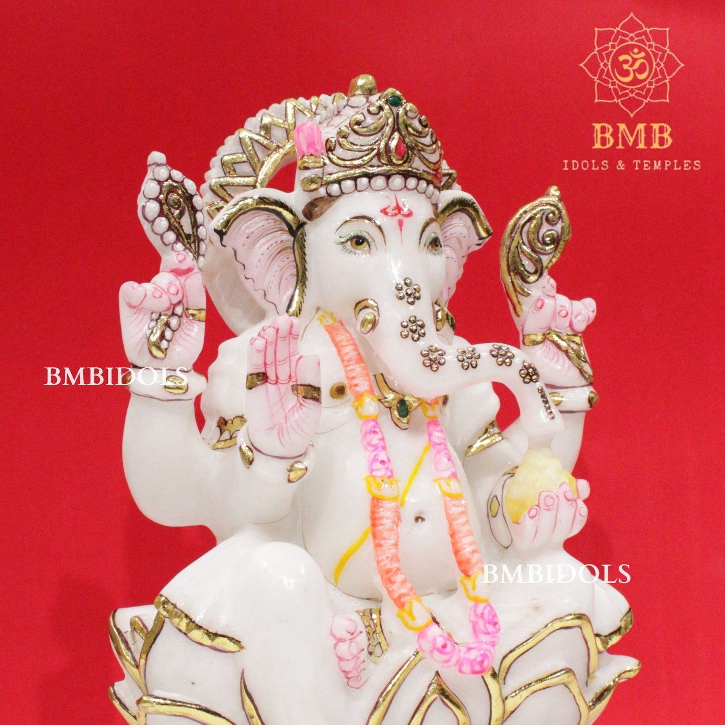 Marble Ganesh Idol in Makrana Marble in 12inches sitting on Lotus