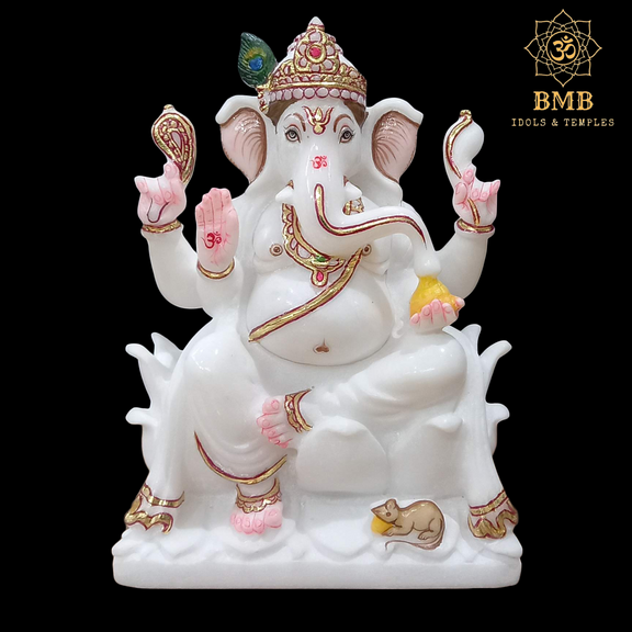 Marble Ganesha Statues in 9 inches sitting on the Lotus Flower with ...