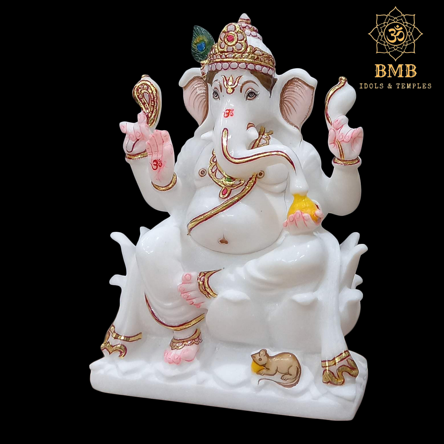 Marble Ganesha Statues in 9inches sitting on the Lotus Flower with Four Hands