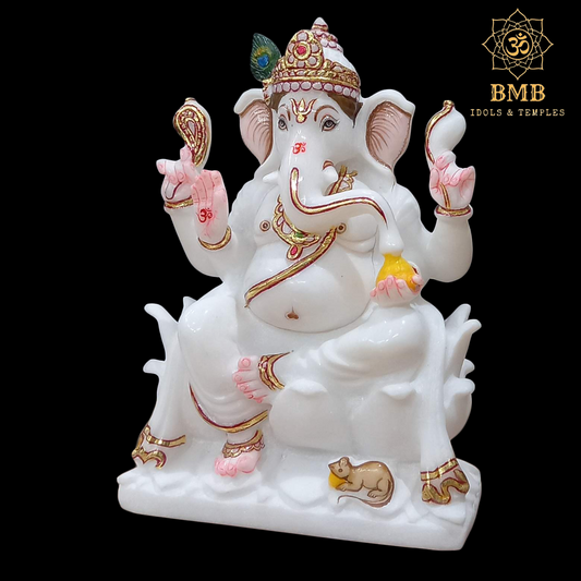 Marble Ganesha Statues in 9inches sitting on the Lotus Flower with Four Hands