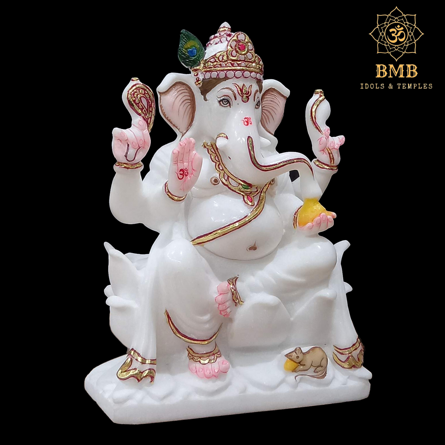 Marble Ganesha Statues in 9inches sitting on the Lotus Flower with Four Hands