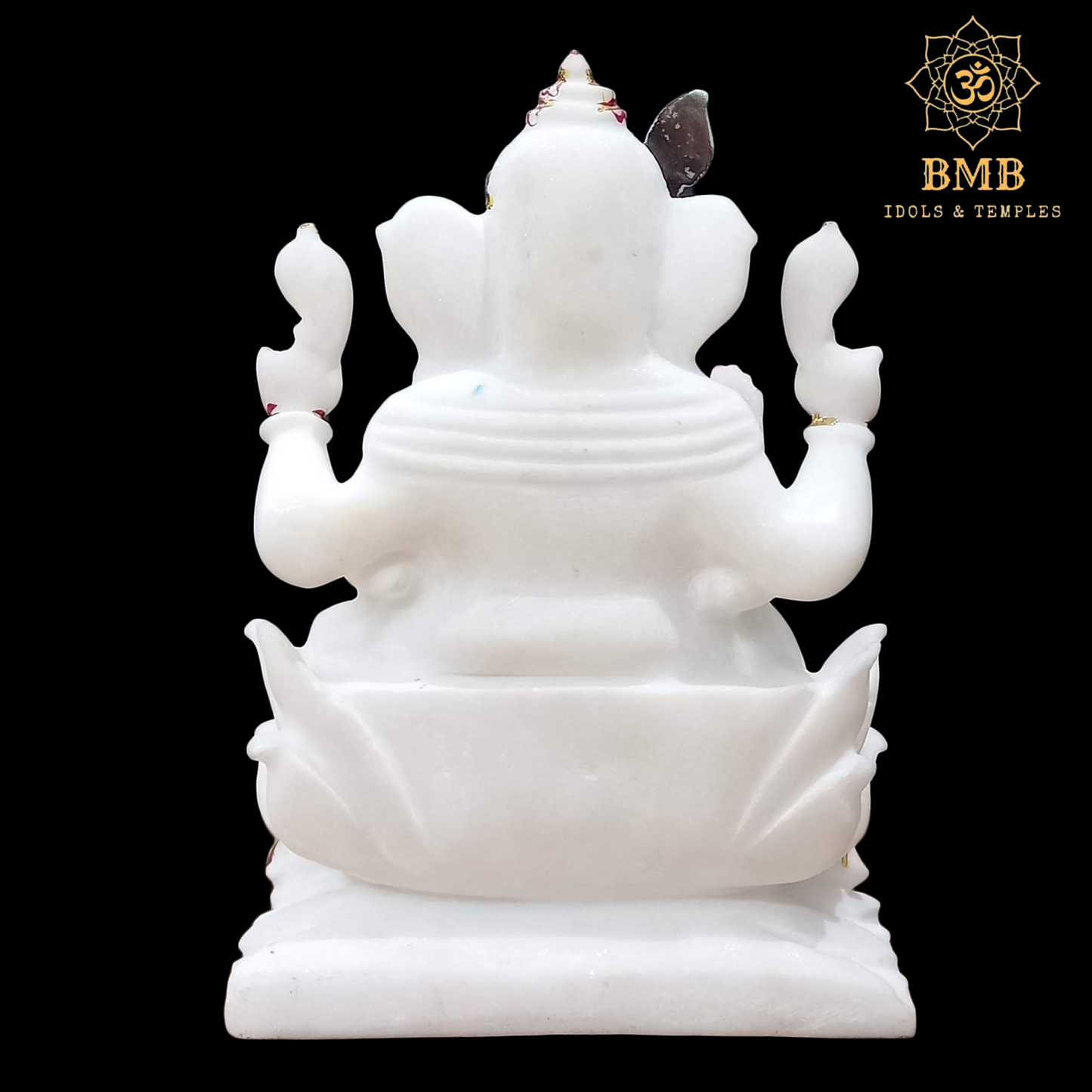 Marble Ganesha Statues in 9inches sitting on the Lotus Flower with Four Hands