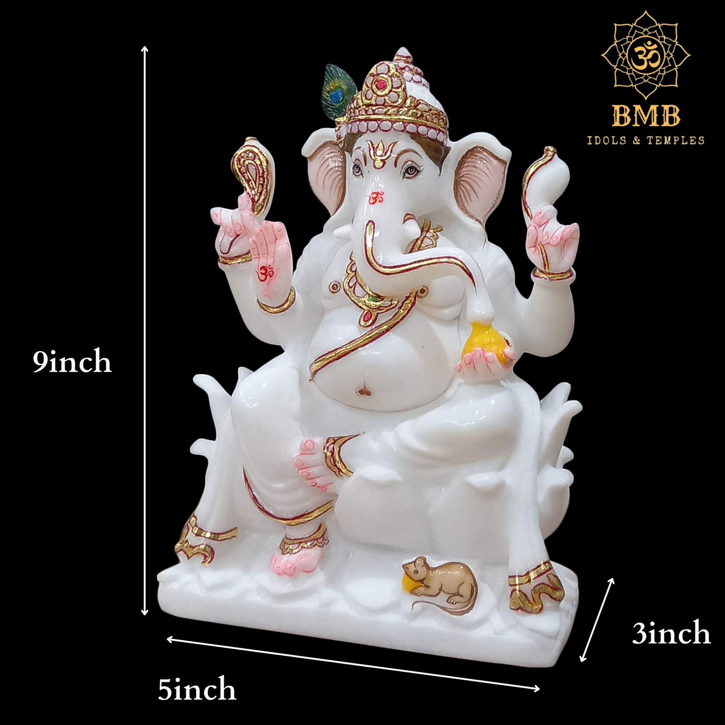 Marble Ganesha Statues in 9inches sitting on the Lotus Flower with Four Hands