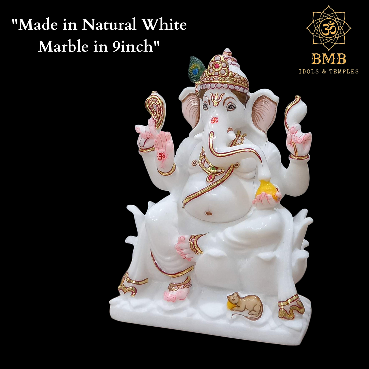 Marble Ganesha Statues in 9inches sitting on the Lotus Flower with Four Hands