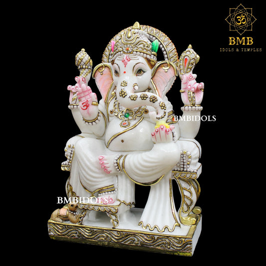 Ganesh Marble Statue made in natural white Makrana Marble in 18inches