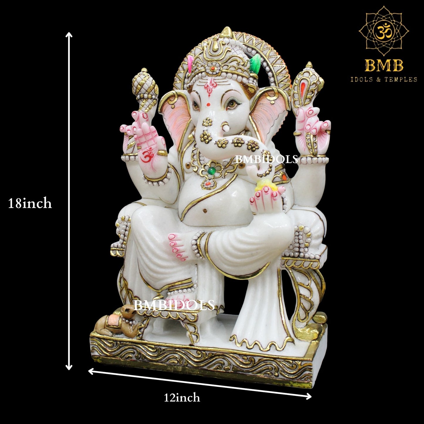 Ganesh Marble Statue made in natural white Makrana Marble in 18inches