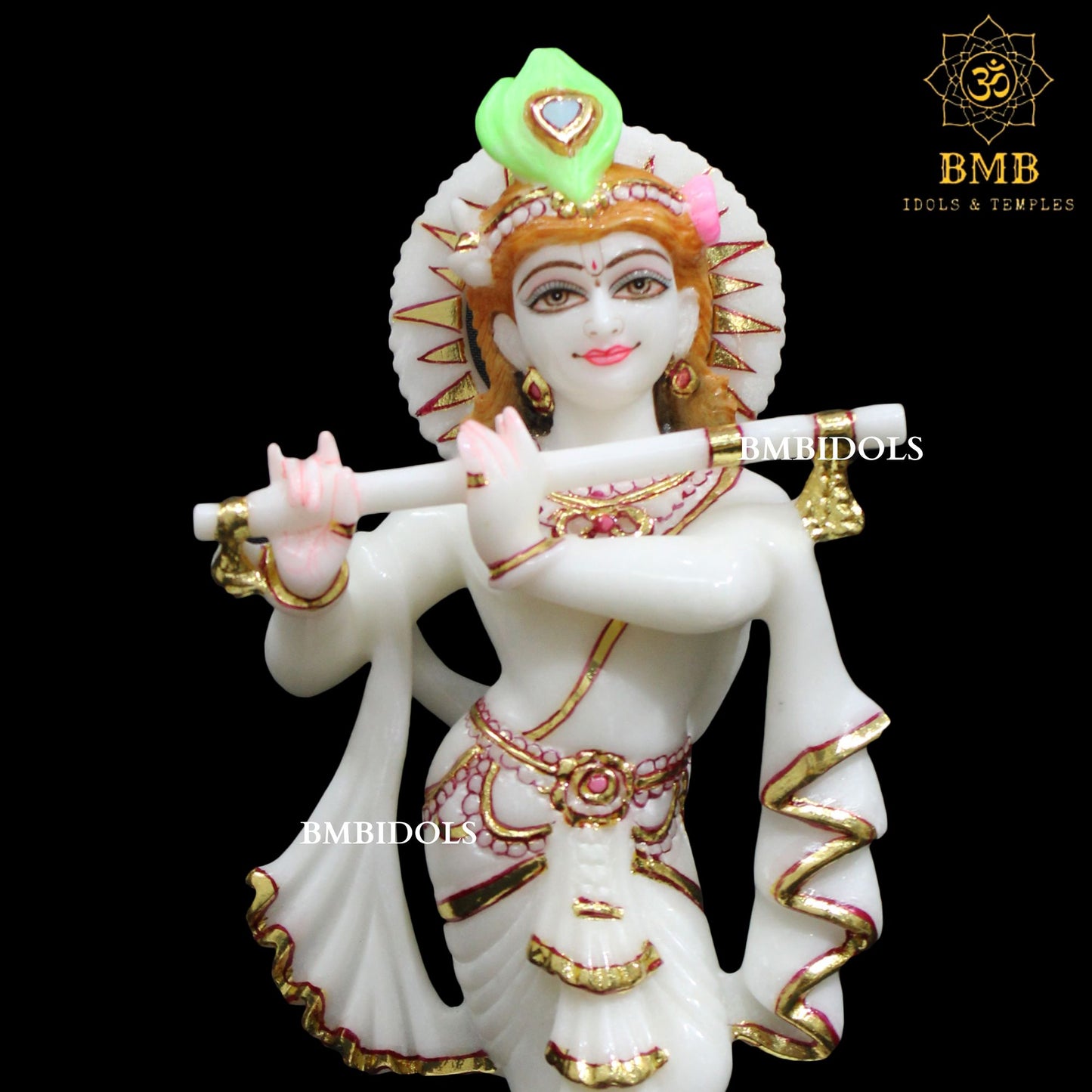 White Marble Krishna Statue in 12inches with Flute in Hands