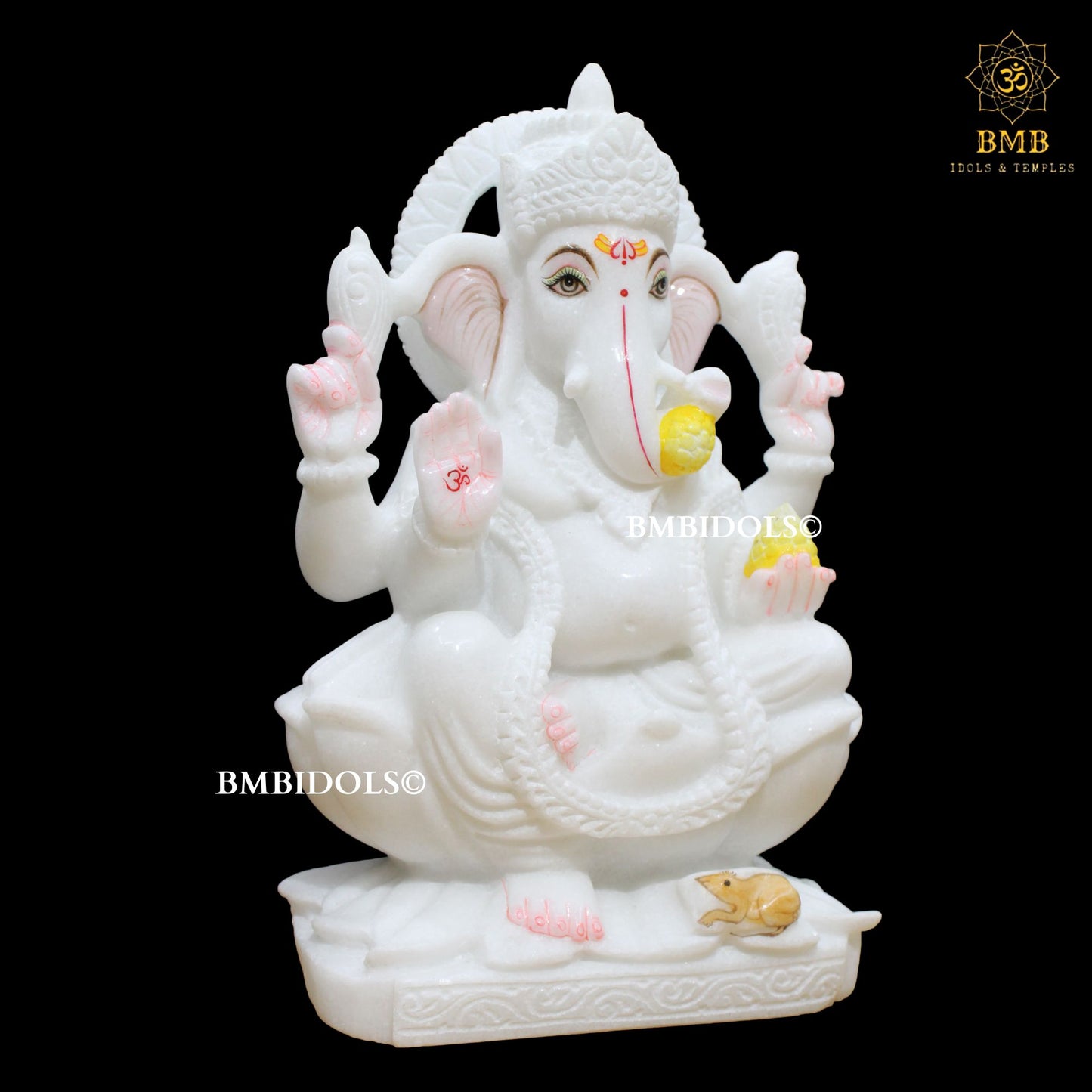 White Marble Ganesh Statue made Sitting on Lotus in 15inches