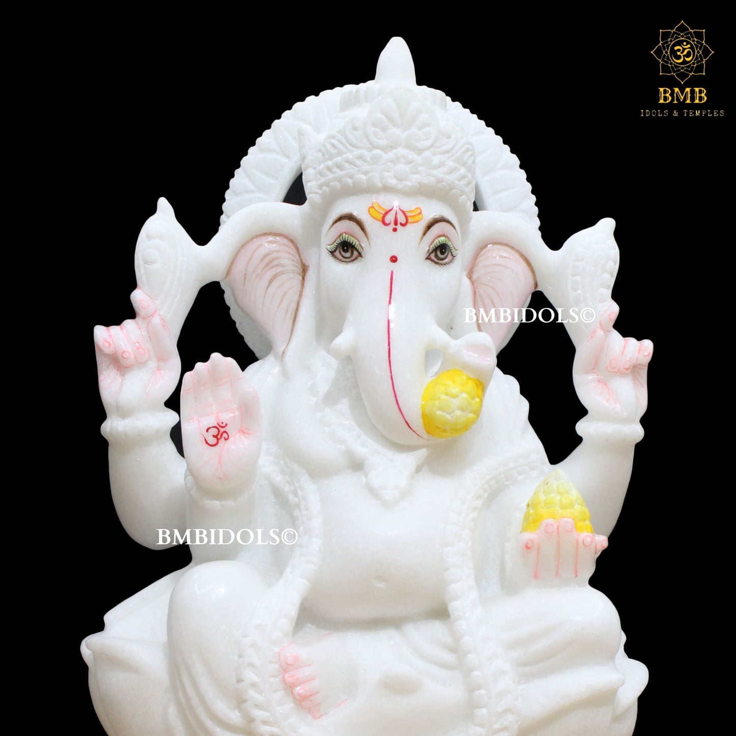 White Marble Ganesh Statue made Sitting on Lotus in 15inches