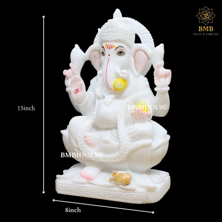 White Marble Ganesh Statue made Sitting on Lotus in 15inches – BMBIDOLS