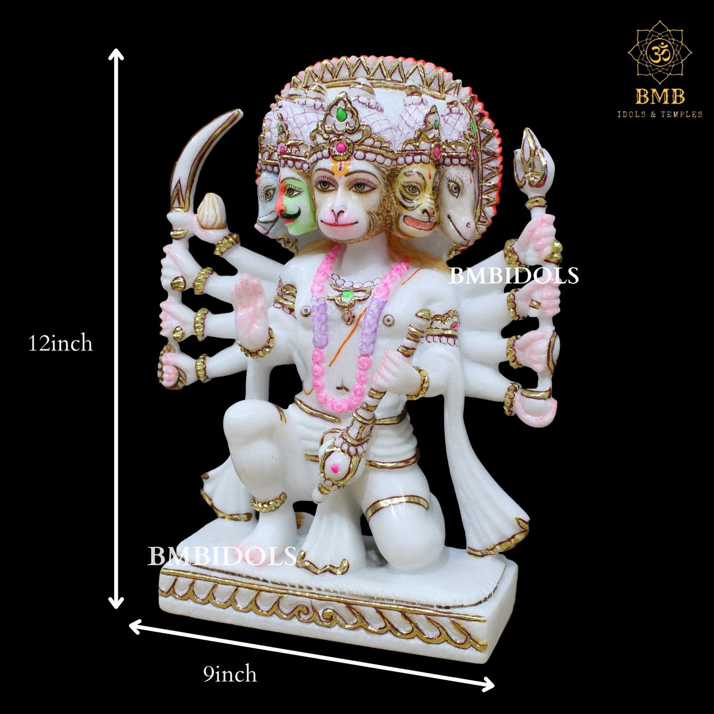 Marble Panchmukhi Hanuman Murti in 12inches for Homes and Temples