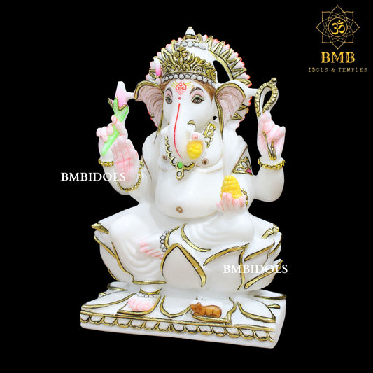 Lotus Marble Ganesh Statue Left Trunk with Four Hands in 12inch