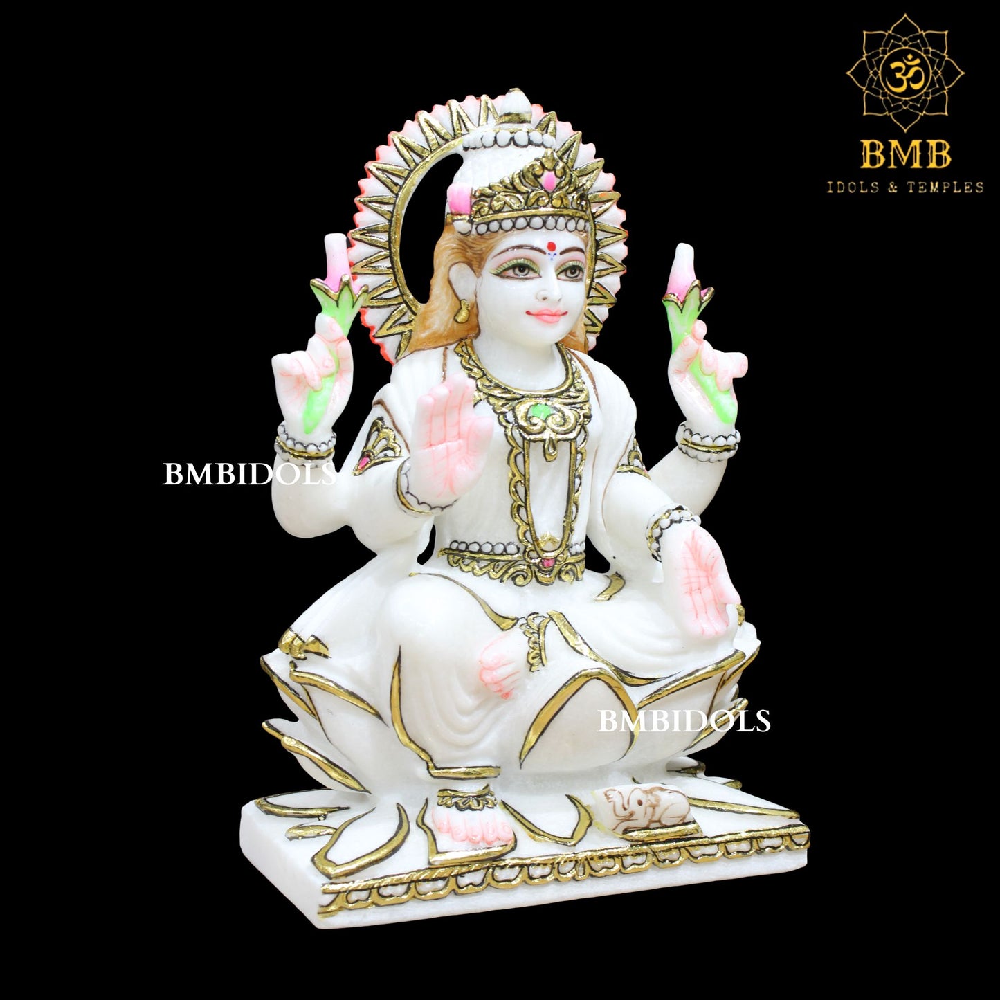 Marble Ganesh Lakshmi Statue sitting on Lotus Makrana Marble