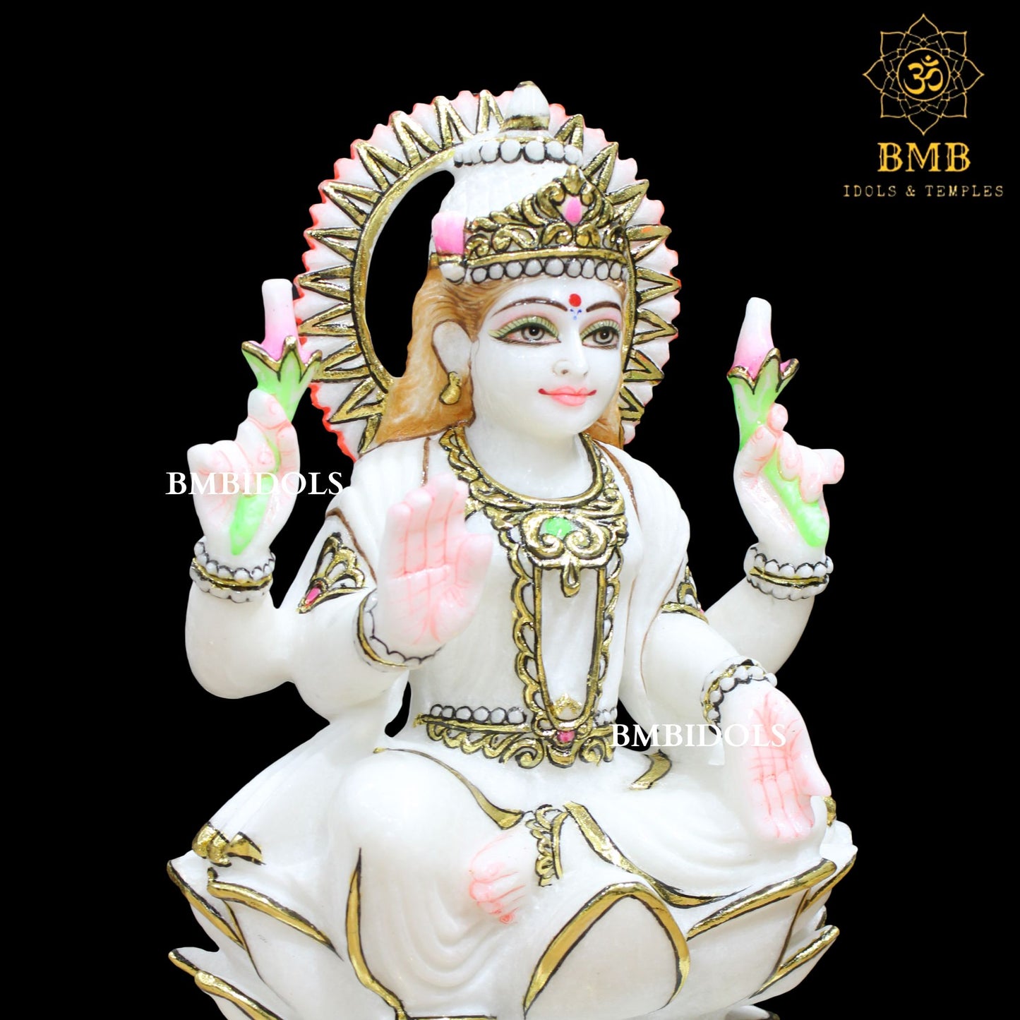 Lotus Marble Lakshmi Mata Statue with Four Hands in 12inches
