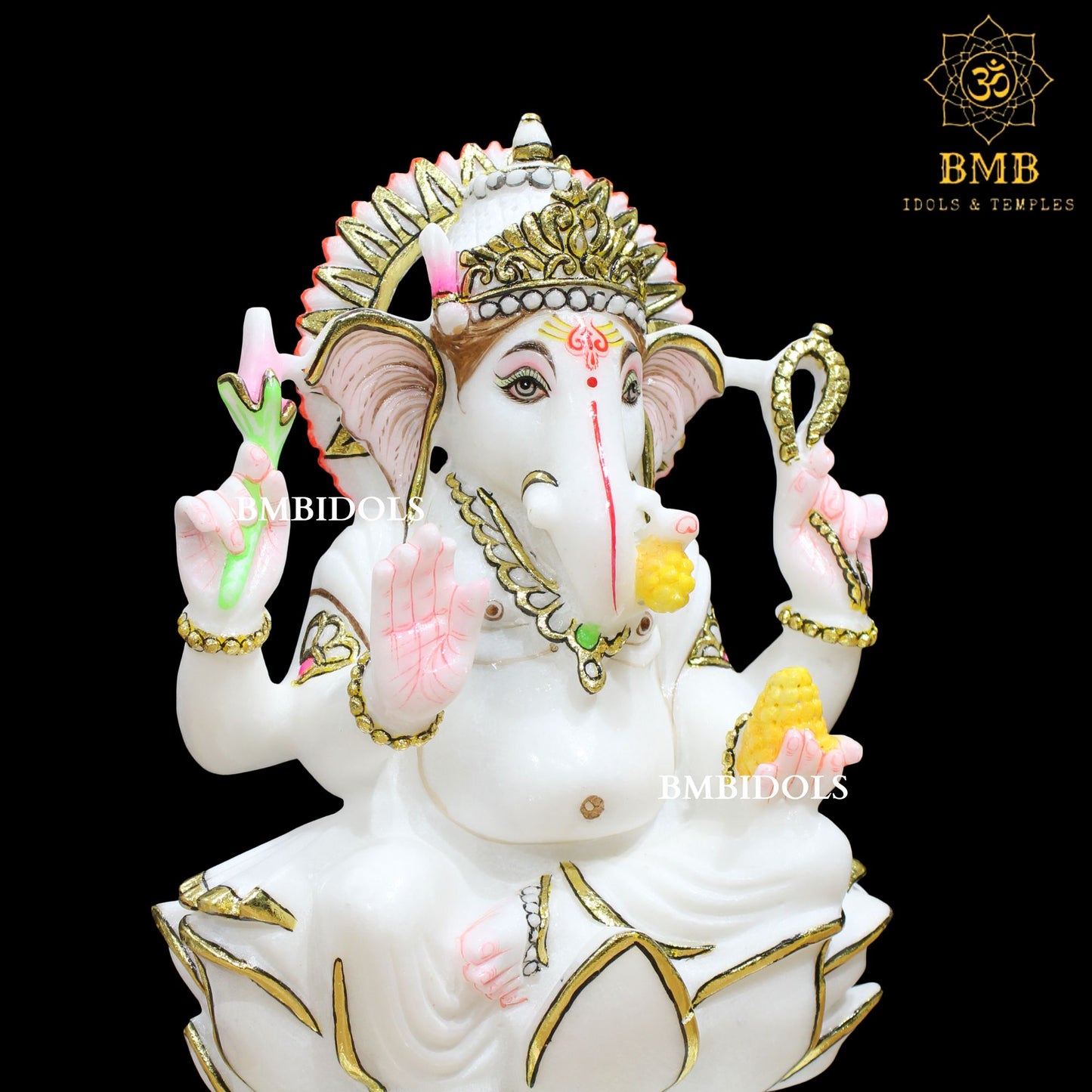Lotus Marble Ganesh Statue Left Trunk with Four Hands in 12inch