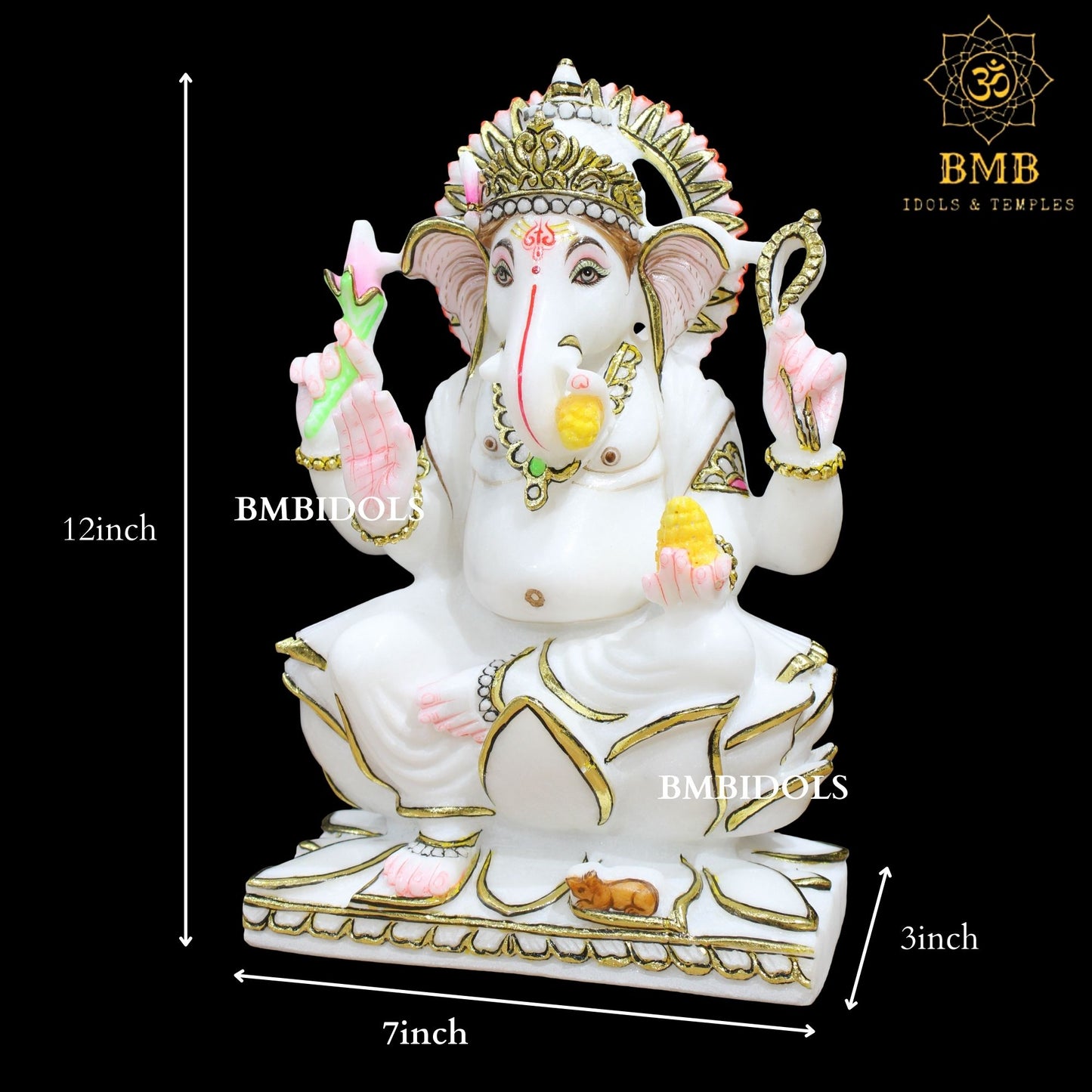 Lotus Marble Ganesh Statue Left Trunk with Four Hands in 12inch
