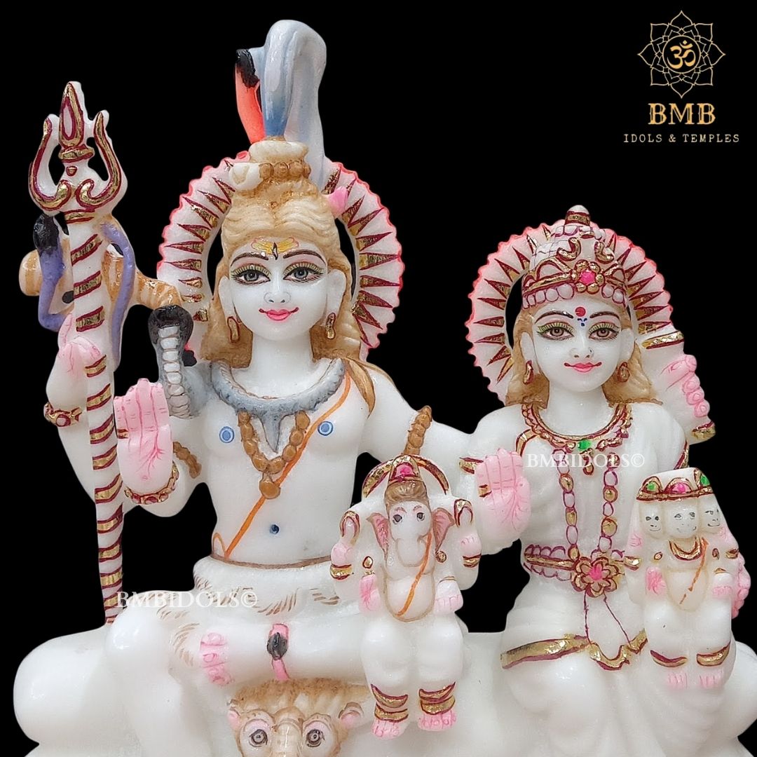 Makrana Marble Shiv Parivar Murti with Ganesh and Kartikeya in 9inch