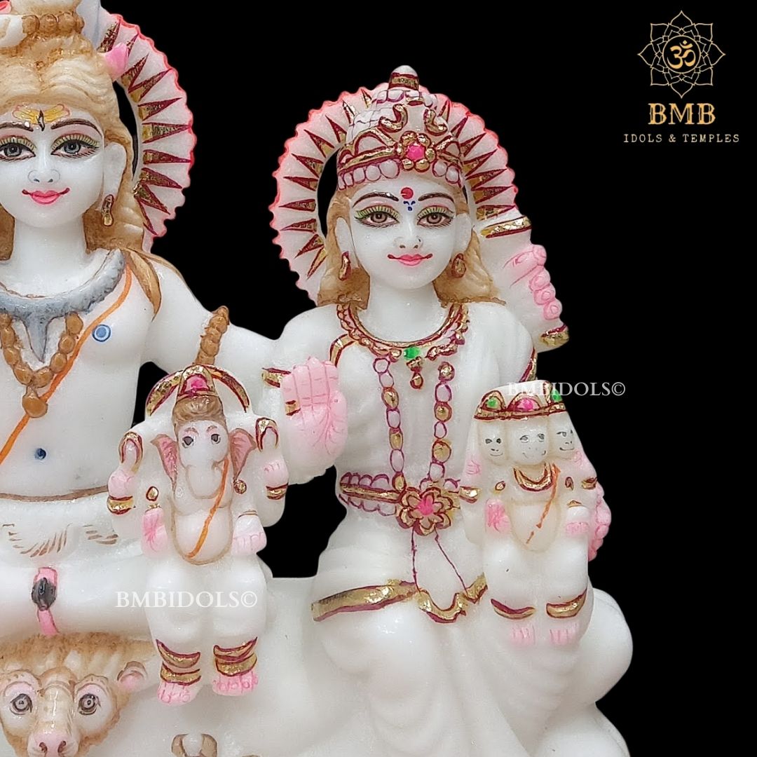 Makrana Marble Shiv Parivar Murti with Ganesh and Kartikeya in 9inch