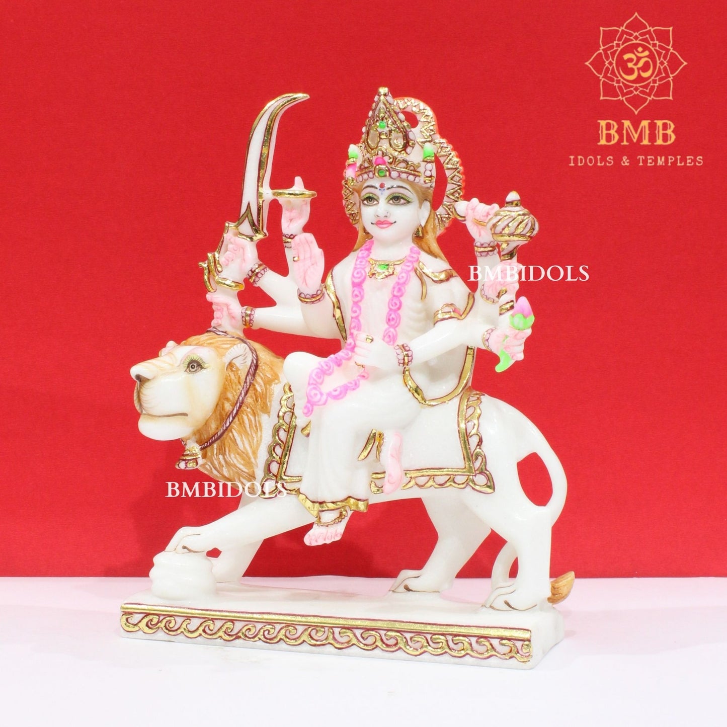 Marble Durga Murti with eight hands sitting on the Lion in Small Size