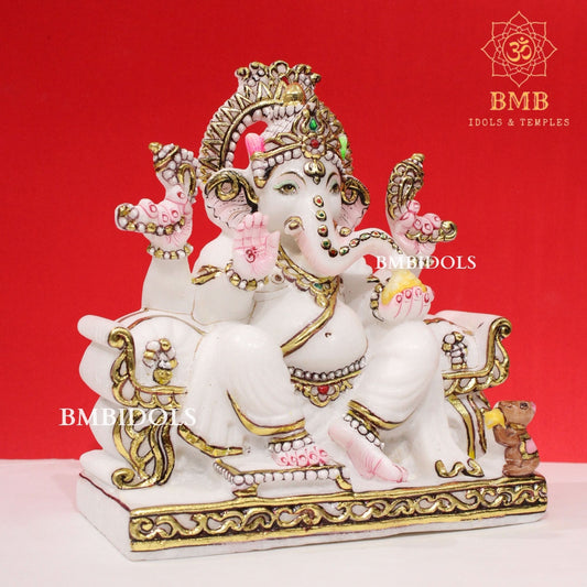 Marble Ganesh Murti sitting on Chowki made in Makrana Marble