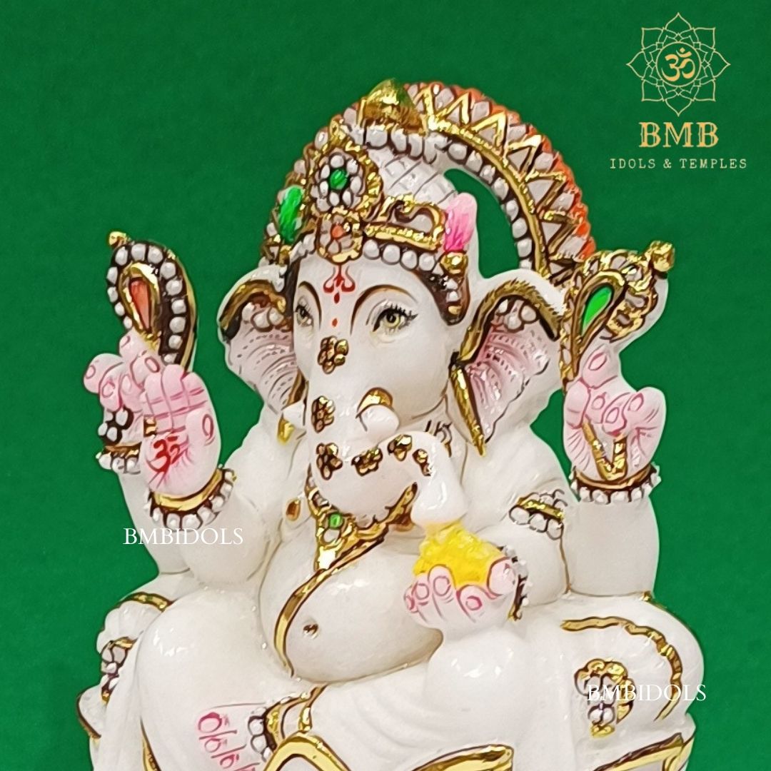 Marble Ganesh Idol made in Makrana Marble in 9inches for Home and Temples