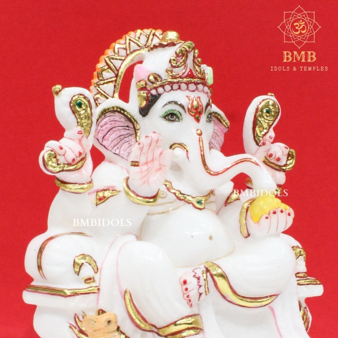 Marble Ganesh Murti made in Pure White Makrana Marble in 9inches