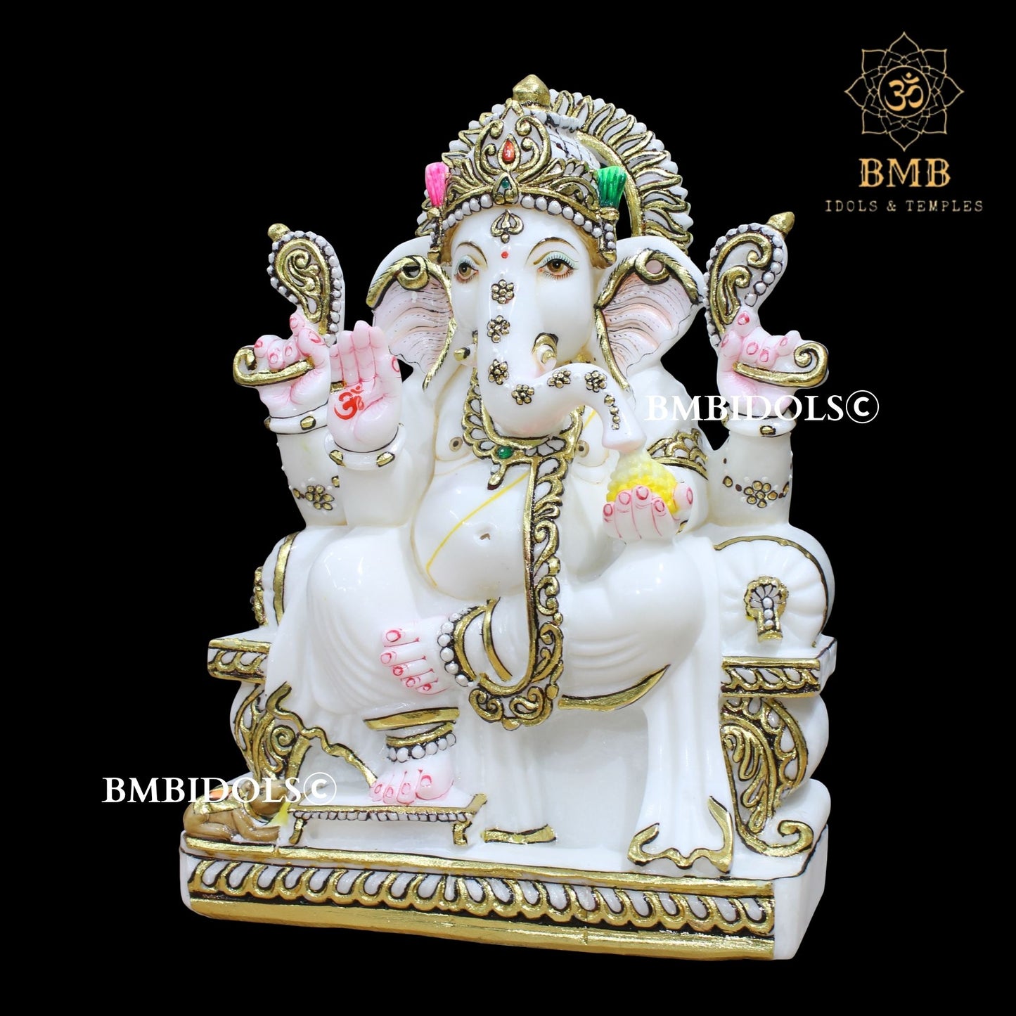 White Makrana Marble Ganesha Statue in 15inches with golwork