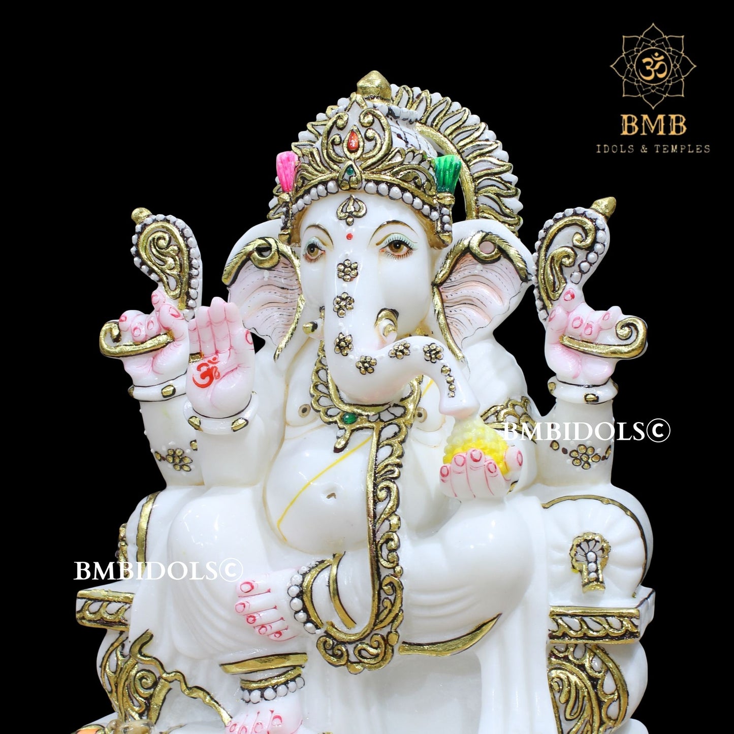 White Makrana Marble Ganesha Statue in 15inches with golwork